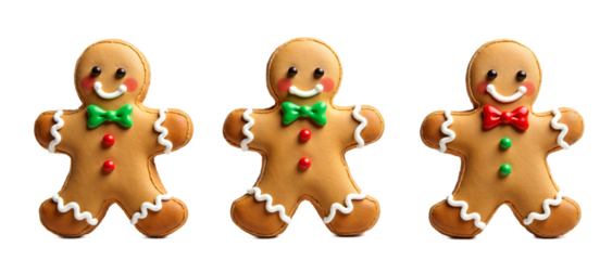 Festive gingerbread men cookies isolated on white background. Decorated with red, green, white icing. Ideal for Christmas designs, holiday greetings, confectionery themes.