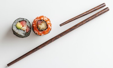 Exquisite sushi rolls arranged beautifully with textured chopsticks on a clean white background showcasing Japanese cuisine and culinary artistry