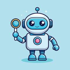 Futuristic AI Robot with Magnifying Glass Cartoon Illustration