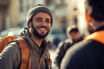 Fototapeta premium Male workers engage in discussion after completing their shift