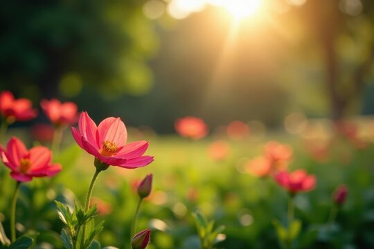 Descri??o da florada de lindas flores em um jardim, c?u, sol, natureza