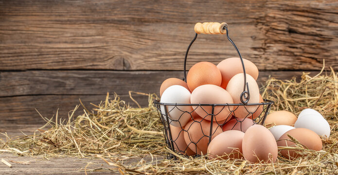 basket of fresh chicken eggs chicken eggs and dried straw on wooden table. Long banner format. copy space