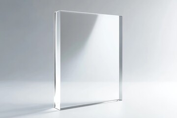 A transparent, rectangular glass block stands upright against a light gray background.