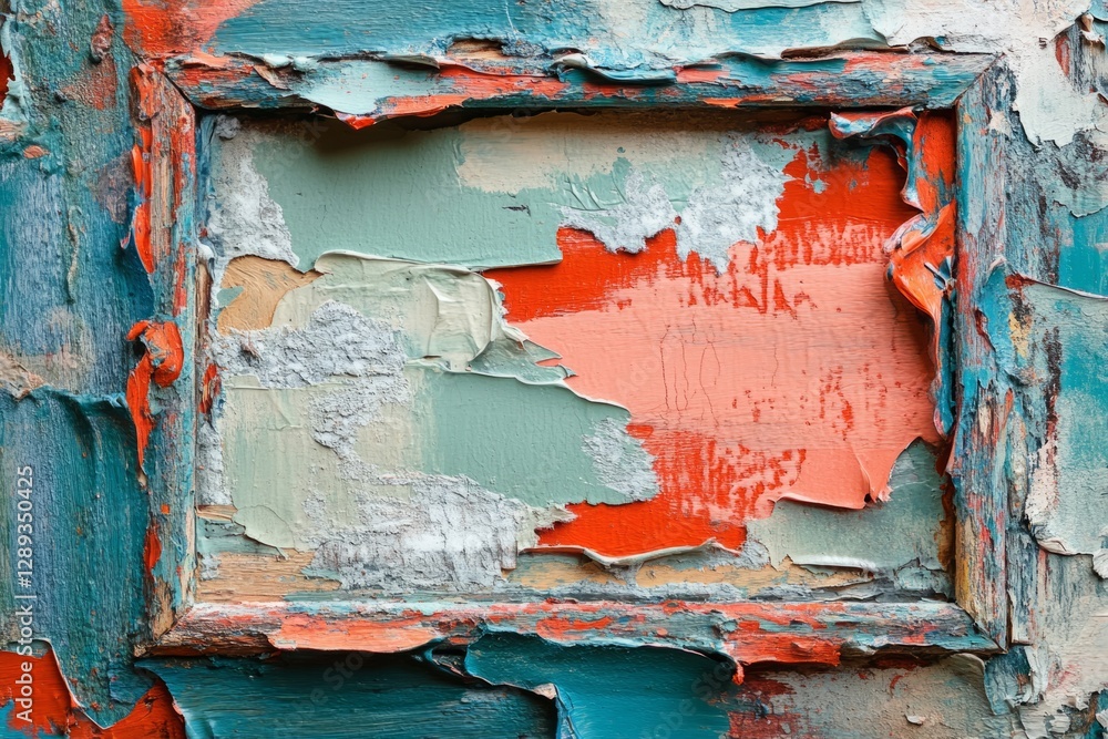 Poster close-up of weathered wooden frame with peeling paint revealing multiple colorful layers, forming an