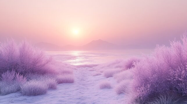 A beautiful soft purple and pink sunrise over a serene lake - Powered by Adobe
