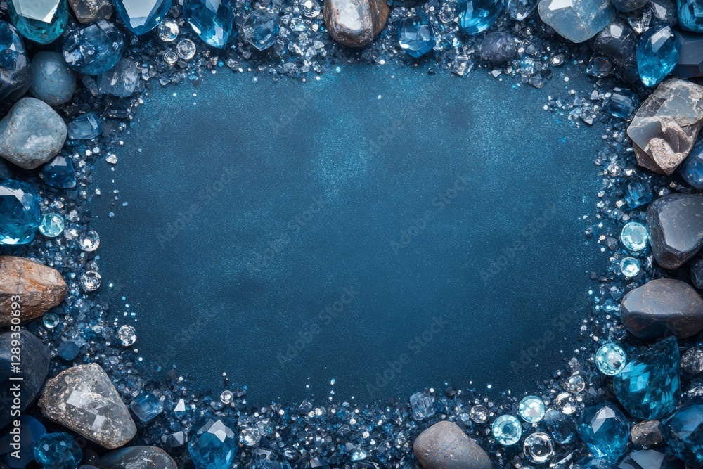 Poster crystals creating a frame on a dark blue background, providing copy space for text or design element