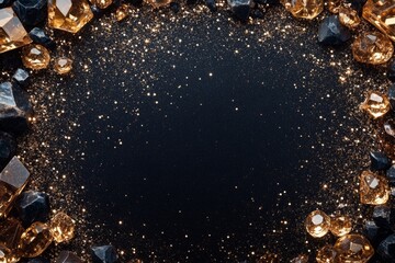 Golden dust surrounds black crystals and amber gems on a dark background, creating a luxurious and elegant backdrop