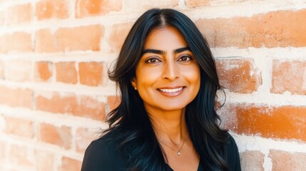 A woman with long black hair smiles confidently against a textured brick wall. Sunlight illuminates her features, highlighting her joyful expression and warm presence