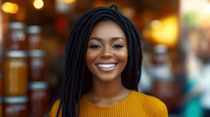 Obraz premium A woman with long dreadlocks radiates joy in a bustling marketplace. The colorful surroundings highlight her smile as she enjoys her day under the warm sun