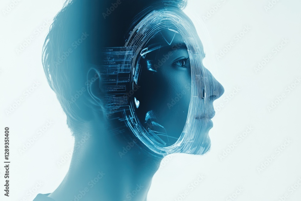 Poster a futuristic profile portrait of a person, overlaid with digital data streams and network connection
