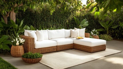 Outdoor Patio with Wicker Furniture and Greenery. Generative AI