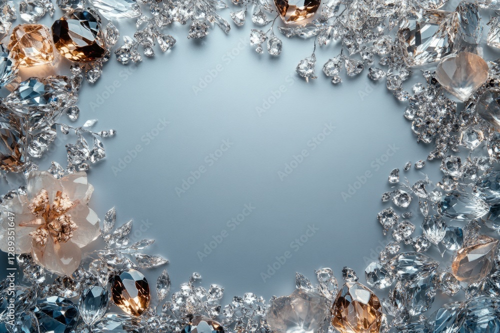 Poster luxurious crystals and gems form a beautiful border on a soft blue background, offering space for te