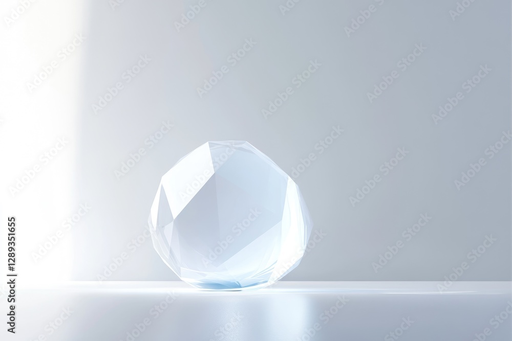 Poster a translucent, geometrically faceted sphere rests on a minimalist white platform, illuminated by sof