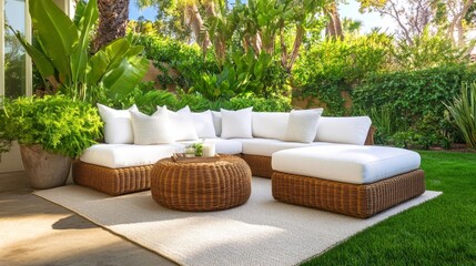 Cozy Wicker Patio Seating with Lush Green Plants for Outdoor Comfort. Generative AI
