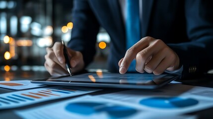 Businessman in suit analyzes financial reports on tablet with pen in modern office setting