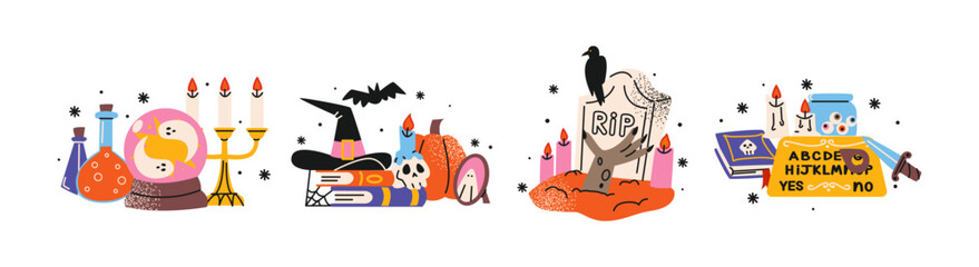 Halloween stickers and scary magic in cartoon style 90s. Vintage witchcraft shapes: skull, pumpkin, witch, ghosts, eye, potion. Spooky scary groovy patches set.