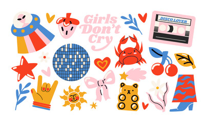 Retro hippie stickers 90s. Cartoon characters, bright psychedelic elements, funky shapes, retro music, vinyl, vintage. Trendy labels, patches, stamps