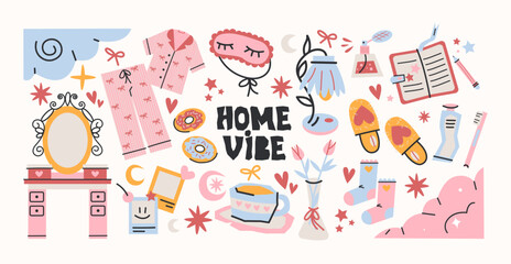 Cartoon good night stickers. Character in pajamas, cozy bed, pillows, moon, bedtime. Trendy night illustrations in doodle retro style. Trendy tags, patches, labels