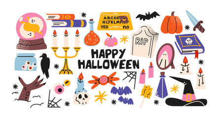 Halloween stickers and scary magic in cartoon style 90s. Vintage witchcraft shapes: skull, pumpkin, witch, ghosts, eye, potion. Spooky scary groovy patches set.