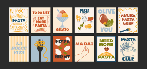 Italian food posters for the kitchen. Culinary compositions in cartoon trendy style of Matisse. Pasta, pizza, gelato, olives, traditional italian food. Decor for kitchens, cafes and restaurants.