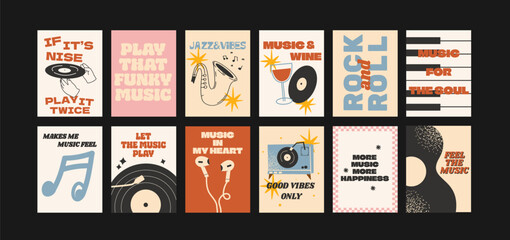 Retro 90s music posters.Cartoon music instruments guitars, vinyl records and cassette. Nostalgic design with vibrant colors and vintage elements, perfect for music lovers and retro spaces. Wall decor 
