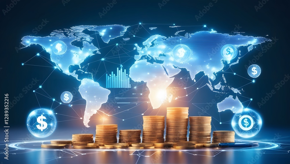 Poster global financial network: illustrating the interconnectedness of global finance, with a world map ad