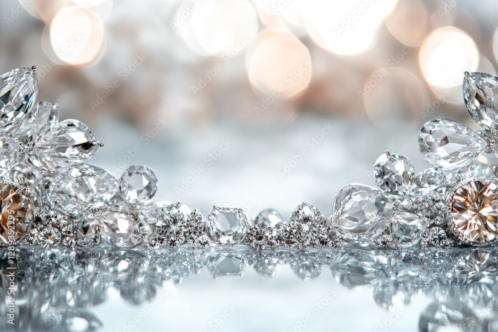 Poster diamonds sparkling on a reflective surface, creating a luxurious and glamorous image