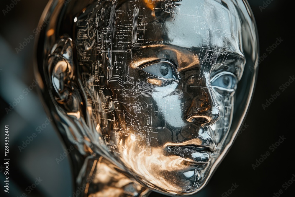 Poster a metallic android head with visible circuitry, representing artificial intelligence and futuristic 