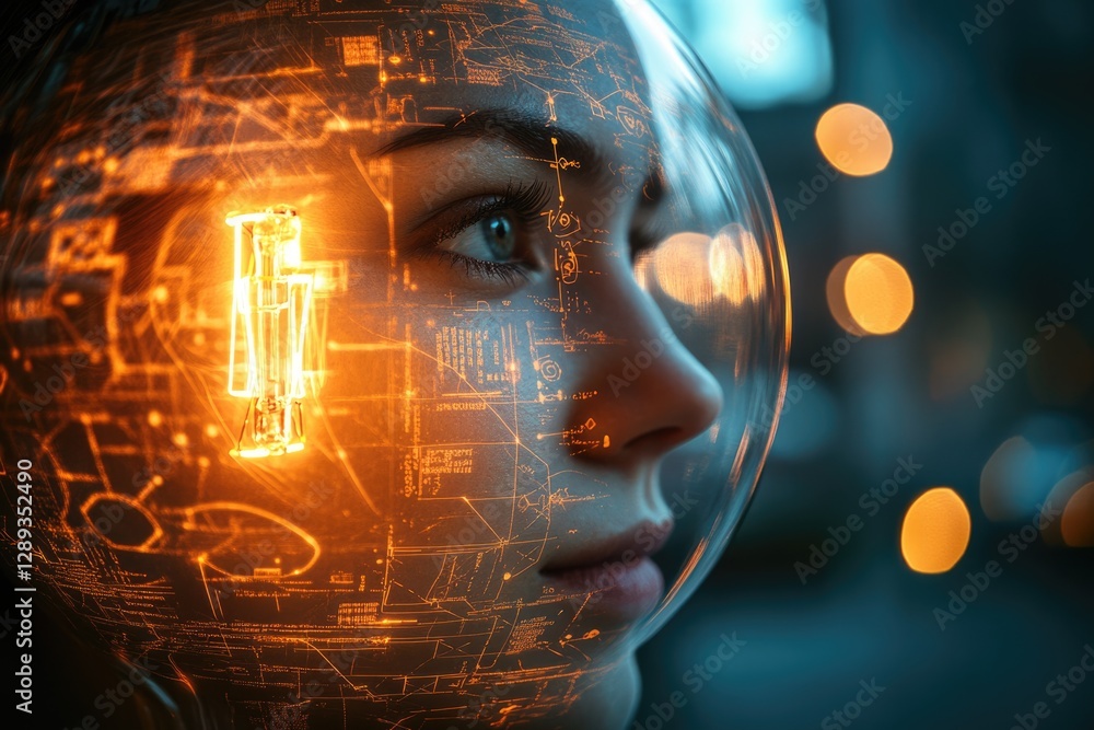 Aufkleber a woman's face is enveloped by a glowing orb displaying intricate circuitry and data streams.