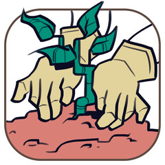 ícone minimalista 2d de jardinagem. Mãos mexendo na terra, cuidando de planta no jardim