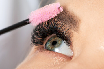 Beautiful Woman with long eyelashes in a beauty salon. Eyelash extension procedure. Lashes close up