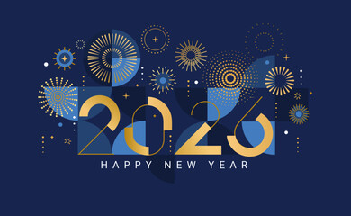 Celebrating 2026 New Year.Elegant card for event with abstract golden fireworks and golden numbers on blue background with geometric pattern.Template for poster,flyer,web.Vector illustration