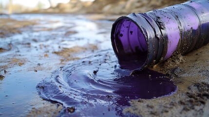 Device for automated collection of garbage mud spilled oil products from the water and the coastline purple brushes against the background of water and sand of the reservoir