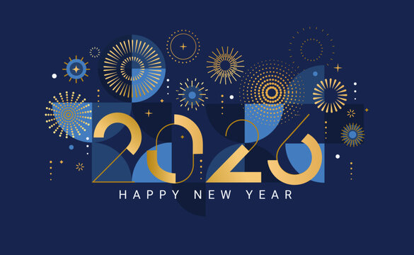 Celebrating 2026 New Year.Elegant card for event with abstract golden fireworks and golden numbers on blue background with geometric pattern.Template for poster,flyer,web.Vector illustration