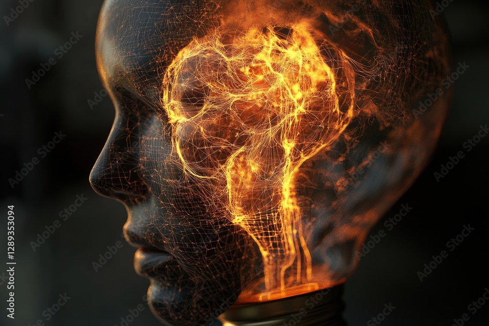 Poster glowing neural network visualized within a transparent head, representing ai or consciousness.