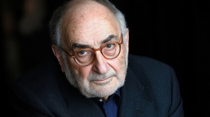 Obraz premium An older gentleman with round glasses and a thoughtful expression sits in a softly lit indoor environment. His presence conveys a sense of wisdom and depth as he gazes intently