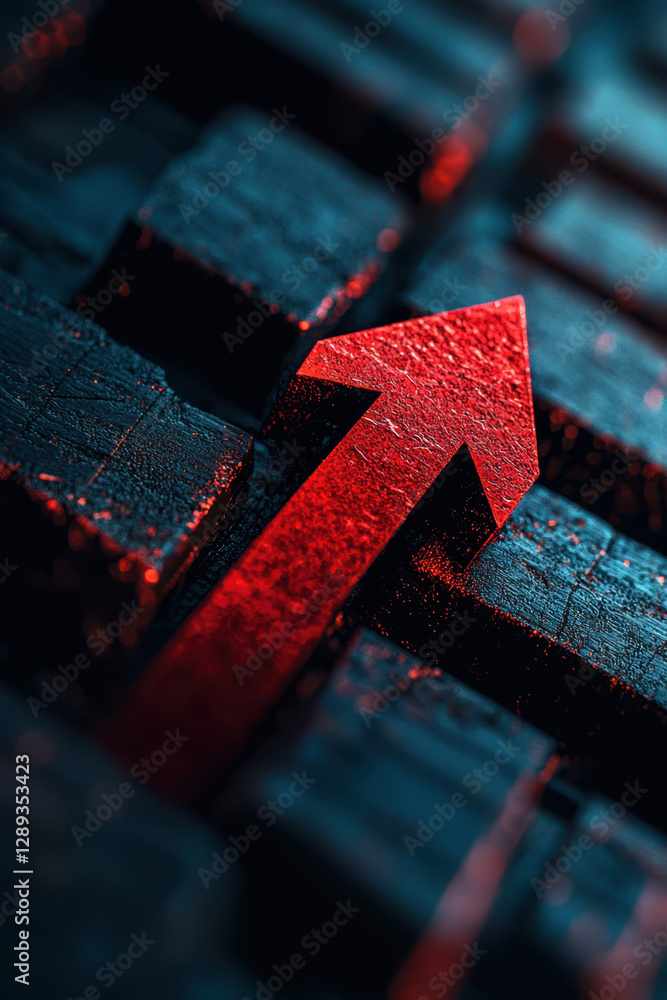 Poster symbolizing business growth: a striking red arrow against a textured dark background for dynamic suc