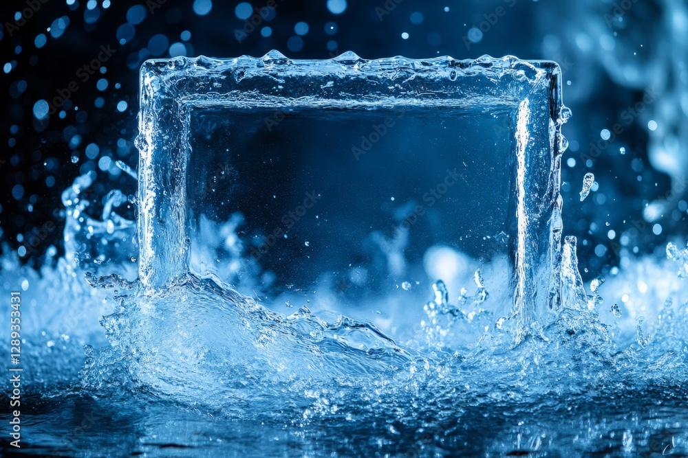 Poster square frame made of water emerges from splashing water with a beautiful bokeh effect in the backgro