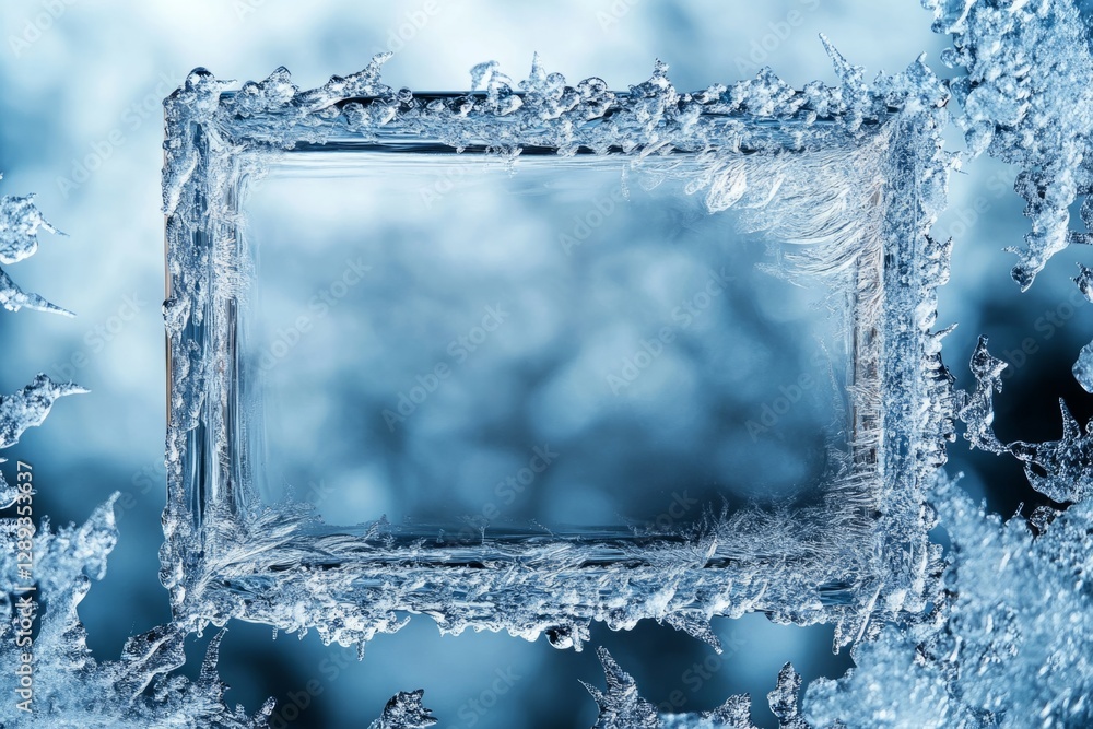 Poster beautiful ice crystals forming a rectangular frame on a frozen window, creating a stunning winter sc