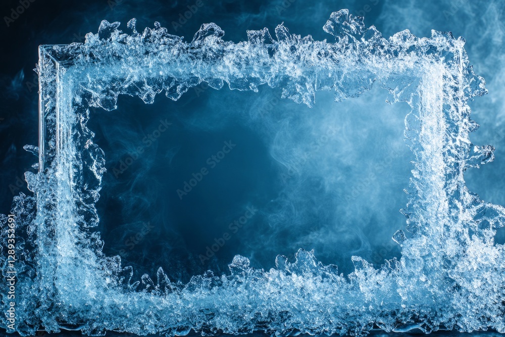 Poster ice crystals forming a rectangular frame around a smoky, ethereal backdrop, creating a chilling and 