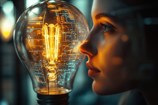 A woman gazes intently at a glowing lightbulb filled with futuristic data and equations, symbolizing innovation and knowledge.