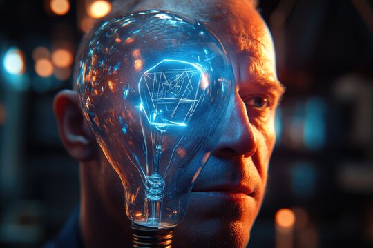 A man's face is partially obscured by a glowing light bulb, symbolizing ideas and innovation.