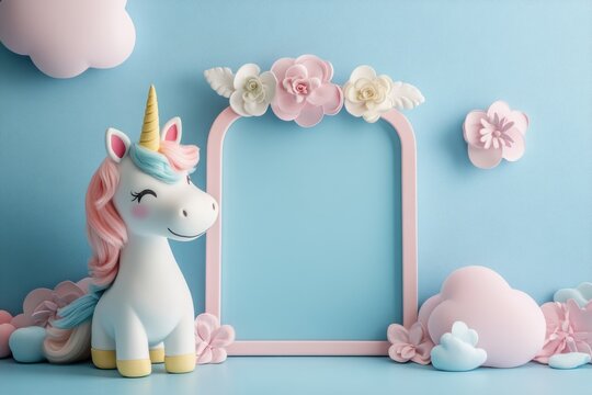 Lovely unicorn figurine stands beside a pink floral frame against a pastel blue backdrop, creating a whimsical and charming scene