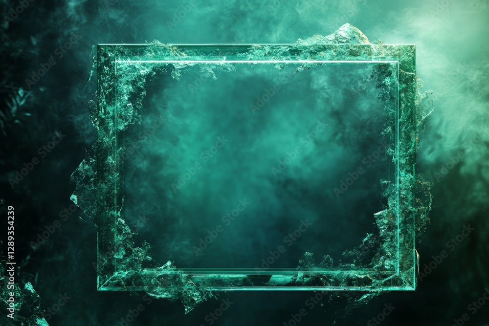 Poster empty glass frame surrounded by turquoise smoke creating a mysterious and intriguing atmosphere, ide
