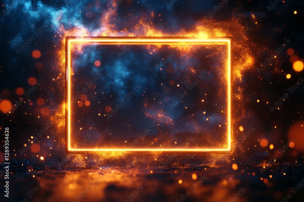 Poster orange glowing rectangular frame with fire and smoke particles floating around it on a dark backgrou