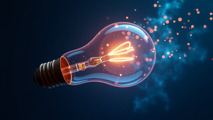 Glowing yellow bulb with dark blue background with sparkling