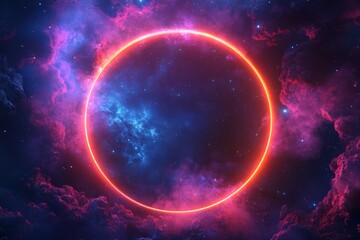 Vibrant nebulae clouds and a glowing neon circle create a stunning cosmic scene