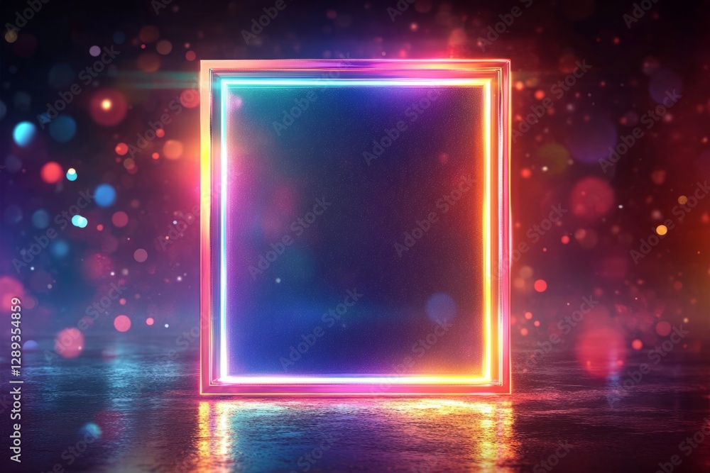 Poster vibrant neon frame shining on a reflective surface with colorful bokeh lights in the background