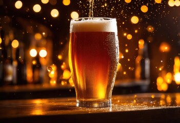 visual delight craft beer pouring into crystal clear glass capturing frosty foam effervescent cascades irresistible amber hues, bubbly, cold, crispy, dew
