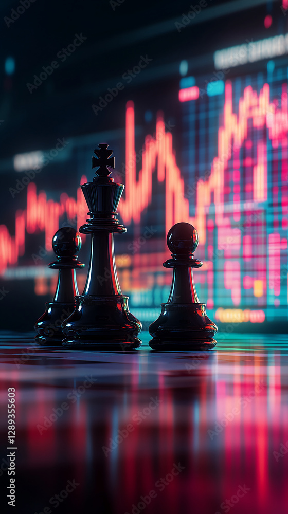 Poster a close-up of black chess pieces with glowing effects, set against a digital trading chart backdrop,